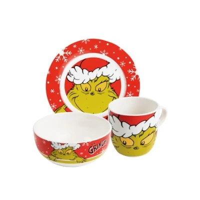 Imagen de United Labels Grinch Merry Grinchmas Juego de desayuno 3 piezas, color rojo, vajilla porcelana con plato 19 cm diámetro, taza 220 ml y cuenco 330