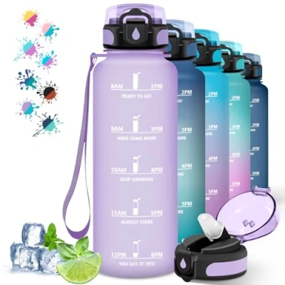 Imagen de Botella Agua 1 5 litros Gimnasio, Reutilizable con Pajita, Fácil de Limpiar, Deportiva, Marca Tiempo, Cantimplora para la Yoga, Senderismo, Correr, Púrpura