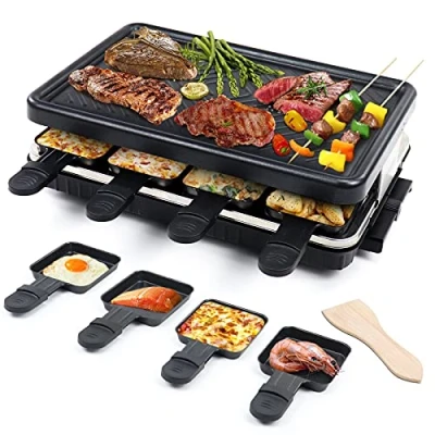 Imagen de Raclette Electrico para 8 Personas, Grill Plancha Cocina Portatil, Parrilla Asar Barbacoa Pascua de Mesa, con Mini Sartenes y 4 Espátulas Madera 1300W