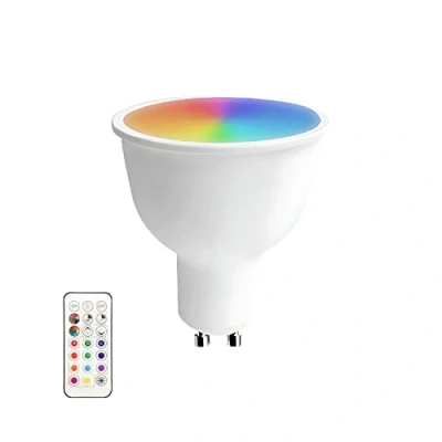 Imagen de 7hSevenOn Premium Bombilla LED de Colores con Mando a Distancia GU10 Spotlight, 6W Potencia, 40W Equivalencia, 470 lúmenes, 120º, Color RGB, SMD, Regulable, 25.000H Vida Útil, Protección IP20