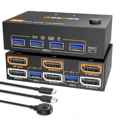 Imagen de KVM Switch Dual Monitores 8K@30Hz/4K144Hz Conmutadores USB 3.0 con 4 puertos para 2 ordenadores, monitores, mando a distancia por cable y incluido