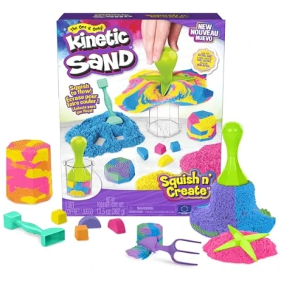 Imagen de Kinetic Sand, Squish N&#039; Create con 382 g de Arena Juego Azul, Amarilla y Rosa, 5 Herramientas, Juguetes sensoriales para niños a Partir 3 años