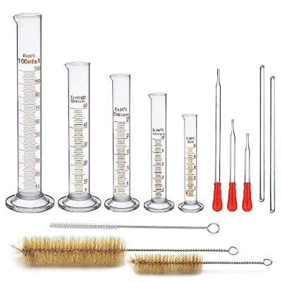Imagen de Cilindros de Medición, JESSTOLO 5 Piezas Juego Cilindro Medicion Vidrio 5ml, 10ml, 25ml, 50ml; 100ml con 3 Cepillos Limpieza, Pipetas y 2 Varillas Agitación