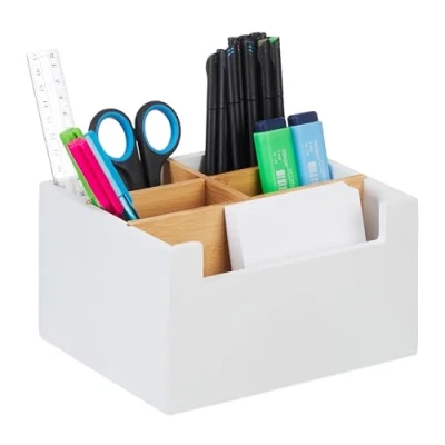 Imagen de Relaxdays Organizador de Escritorio, Bambú, 5 Compartimientos, Oficina o Baño, Portalápices, 9,5 x 18 15 cm, Blanco