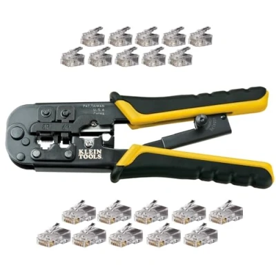 Imagen de Klein Tools VDV226 817 Kit de instalación modular, amarillo, acero alto carbono, agarre ergonómico, incluye crimpadora/pelacables trinquete, conectores RJ11/RJ45, conector CAT5e