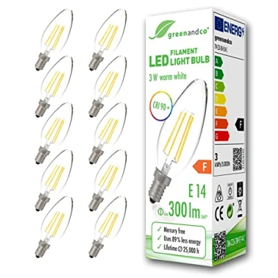 Imagen de greenandco 10x Bombilla de filamento LED IRC 90+ E14 3W (corresponde a 28W) 300lm 2700K (blanco cálido) 360 230V AC vidrio, sin parpadeo, no regulable