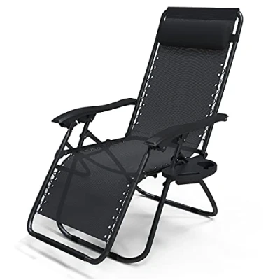 Imagen de VOUNOT Tumbona Plegable Multiposicione Jardín, Silla Gravedad Cero Reclinable, con Soporte para Bebidas y Reposacabezas Axtraíble, Carga máxima 120kg, Negro