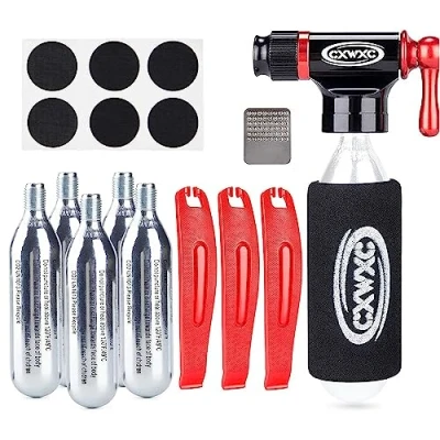 Imagen de Kadacha Kit de inflador CO2 con 5 Cartuchos roscados 16 g Compatible válvulas Presta y Schrader Bomba portátil para neumáticos Bicicleta Multiherramienta (StyleA)