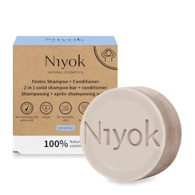 Imagen de Niyok® Champú sólido 2 en 1 + Acondicionador &quot;Sensitiv&quot; (80 g) sensible sin perfume para el cabello contra la irritación y cuero cabelludo estresado