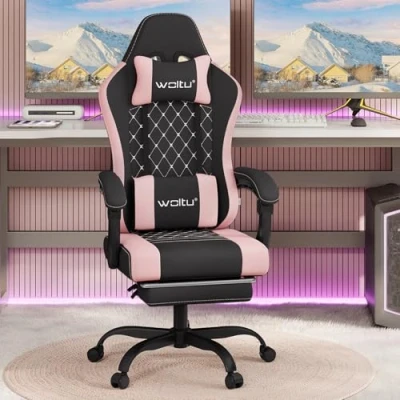 Imagen de WOLTU Silla Gaming Ergonómica, Oficina con Soporte Lumbar Masaje y Reposapiés Extraible, Giratoria Gran Asiento de Muelle, Capacidad 150 kg, Tela Malla Negro+Rosa,GS15swr