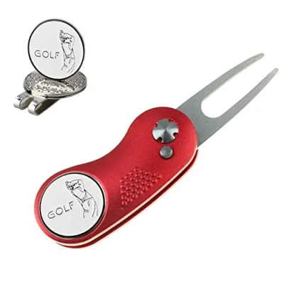Imagen de Kofull Herramienta de reparación Palas Golf Acero Inoxidable con botón desplegable, portátil y Plegable, Rojo