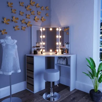 Imagen de Vicco Tocador de Esquina Arielle, Blanco/Sonoma/Sonoma, 110 cm con iluminación LED y Taburete