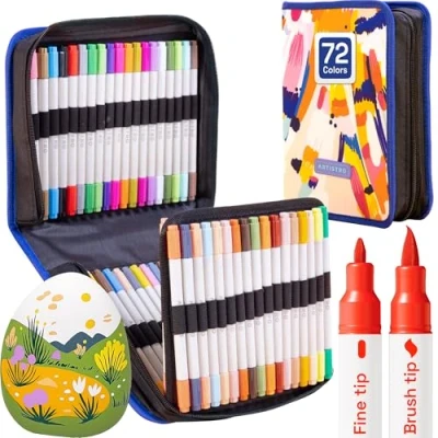 Imagen de ARTISTRO Rotuladores de pintura acrílica, set artístico, marcadores acrílicos doble punta, para tela, lienzo, piedra, vidrio, madera, papel, bricolaje (doble punta + fina, 72).