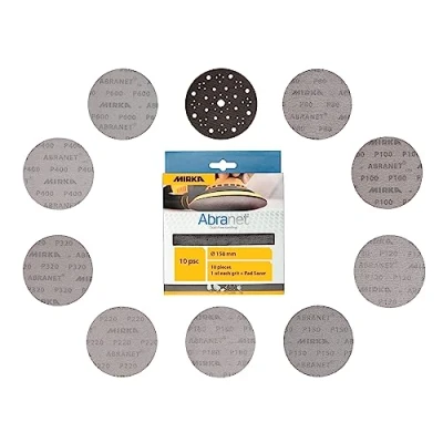 Imagen de Mirka Abranet Discos de lijado malla 150 mm diámetro con velcro, 1 cada grano 80, 100, 120, 150, 180, 220, 320, 400, 600, 10 unidades, para lijadoras excéntricas
