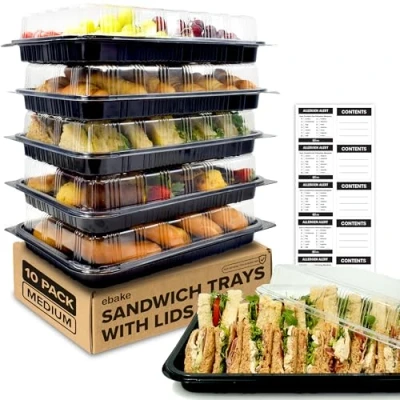 Imagen de Paquete de 10 Bandejas para Sándwiches con Tapas Buffet Plástico Reutilizables Catering, y Preparación Comidas 39 x 29 7,5 cm