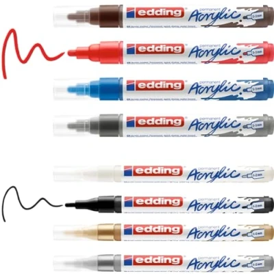 Imagen de edding Start Easy Set Rotuladores de pintura acrílica, impermeables, punta fina y media, juego 8 bolígrafos acrílicos (colores populares), para lienzo o madera,