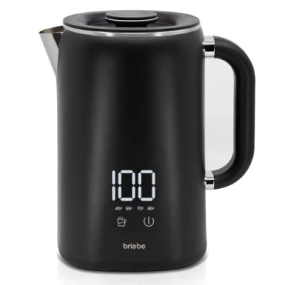 Imagen de briebe eBoil Hervidor Agua Eléctrico 1,7L Regulador de Temperatura Digital 45C a 100C Función Keep Warm, 1500W, Interior Acero Inox, Libre BPA, Base 360, Controlador Strix, Negro