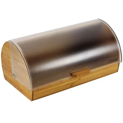 Imagen de Maestro MR 1674S Panera de Mesa para Guardar Pan, Tapa Deslizante, Contenedor Almacenamiento Pan y Bollería, Diseño Elegante, Acero Inoxidable, Madera, Bread Box