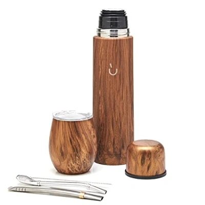 Imagen de BALIBETOV Set Yerba Mate Completo Calabaza Moderna, Termo, Bombilla y Cepillo de Limpieza Incluido Todo Acero inoxidable 304 18/8 (Madera)
