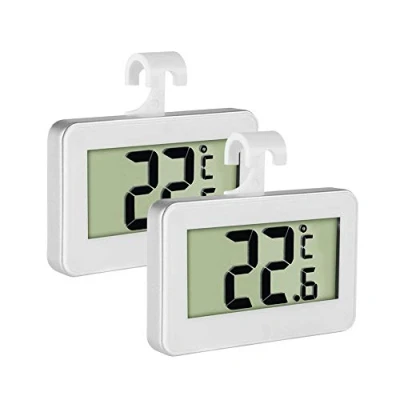 Imagen de termómetro para nevera, de refrigerador, paquete 2 unidades, LCD digital, frigorífico, congelador, monitor con gancho colgar y soporte retráctil.