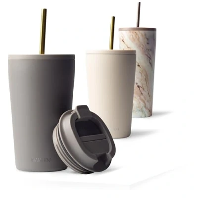 Imagen de MAMEIDO Termo Cafe con Pajita y Tapa 470ml Vaso Termico Antigoteo, Taza Termica acero inox sin BPA, para llevar (Taupe Grey, 0,47l)