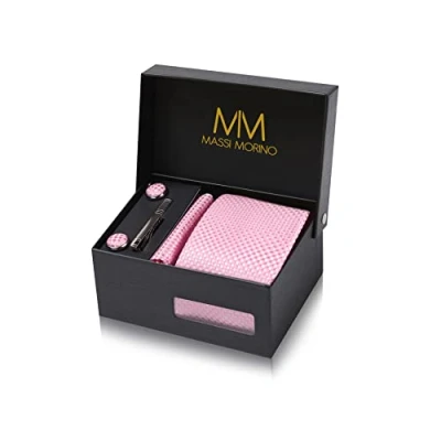 Imagen de Massi Morino Corbatas de hombre Rosa a Cuadros y pañuelos con gemelos, clip corbata set Rosado Accesorio traje modernas para boda
