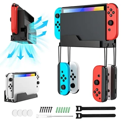 Imagen de MoKo Soporte de Pared para Consola Nintendo Switch/Switch OLED, Metal con Ganchos Controlador Joy con, Agujeros Disipar Calor, Fácil Instalación Guarda Switch Cerca del TV, Negro