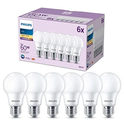 Imagen de Philips Bombilla LED clásica mate 8W (Eq. 60W) 806 lúmenes, casquillo E27, Luz Cálida (2700K) Pack de 6 Bombillas