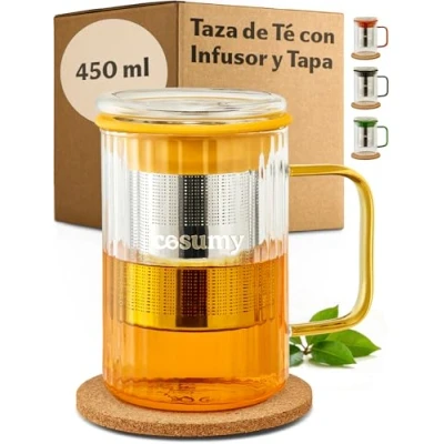 Imagen de Cosumy Taza para Infusiones con Tapa y Filtro, 450ml Vaso de Té Vidrio Borosilicato Asas Colores Posavasos Corcho (Amarillo)