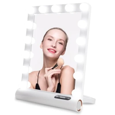 Imagen de Auxmir Espejo Maquillaje con Luz, 15 Bombillas de Tocador, Hollywood 3 Colores Control Táctil, Brillo Regulable, Luz LED Colgar Pared Portátil, Blanco