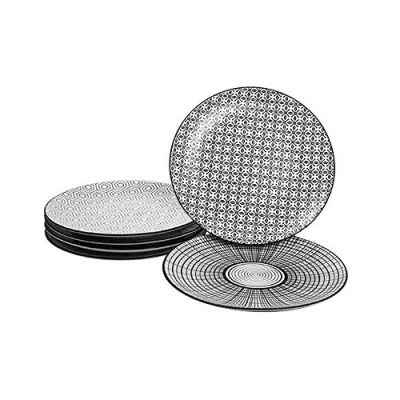 Imagen de Ard&#039;time Juego de 6 Platos Postre en Blanco y Negro Komae Porcelana diámetro 21 cm, Diseños Panachos Geométricos, 21,5 x 2