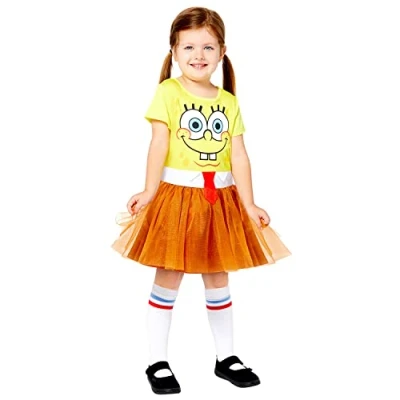 Imagen de amscan Disfraz Spongebob Vestido 4 6 años Niña Bob Esponja, ajedrez, color amarillo, (361 9909159_0194099030519)