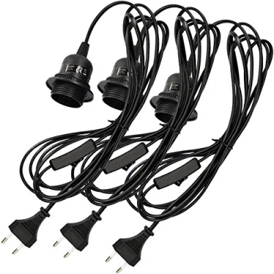 Imagen de kwmobile 3x portalámparas E27 con arandela roscada y cable electrónico interruptor lámpara portalámpara cable, 3,5m en nero