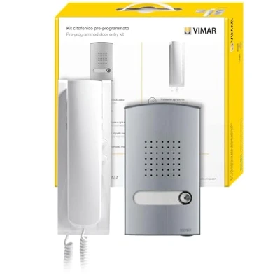 Imagen de VIMAR K8879.E Kit de intercomunicación 2 cables Plus contiene: unidad audio, placa audio monofamiliar, intercomunicador con botones, fuente alimentación