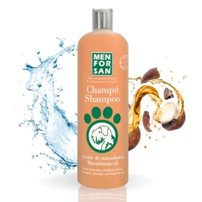 Imagen de MENFORSAN Champú para Perros Aceite de Macadamia, Nutre y Abrillanta el Pelaje, Poder desenredante, Propiedades Anti Encrespamiento Restauradoras, Cítrico, 1 l