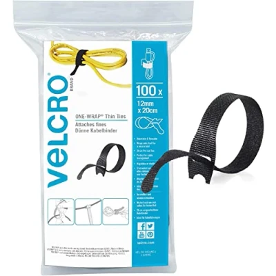 Imagen de VELCRO Marca Bridas delgadas reutilizables de una sola envoltura multiusos, accesorios escritorio perfectos para la gestión cables y mejoras del hogar Negro 12 mm x 20 cm