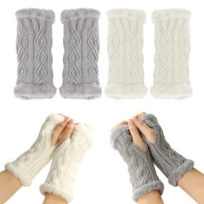 Imagen de 2 pares de guantes sin dedos para mujer, mangas cálidas invierno, felpa, punto cortos, deporte cálidos, suaves y gruesos