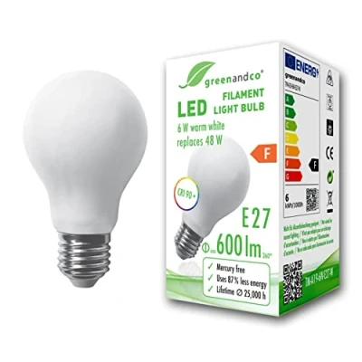 Imagen de greenandco Bombilla de filamento LED IRC 90+ E27 opaca 6W (corresponde a 48W) 600lm 2700K (blanco cálido) 360 230V AC vidrio, sin parpadeo, no regulable