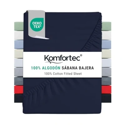 Imagen de Komfortec Sábana Bajera Ajustable (200 x 200 cm, 100% algodón), Color Azul