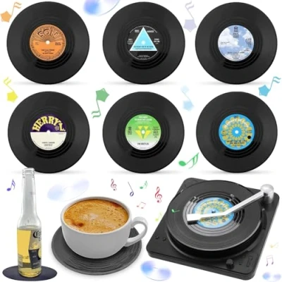 Imagen de Liekadijiae 6 Piezas Antideslizante Aislante Posavasos, Posavasos De Vinilo Retro, Juego Vinilo, para Tazas Café U Otras Bebidas, con Soporte Discos
