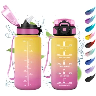 Imagen de Botella Agua Niños 500ml, con Pajita, Fácil de Limpiar, Reutilizable, Motivacional a Prueba Fugas, Garrafa para la Escuela, Preescolar, Guardería, Bicicleta, Gym