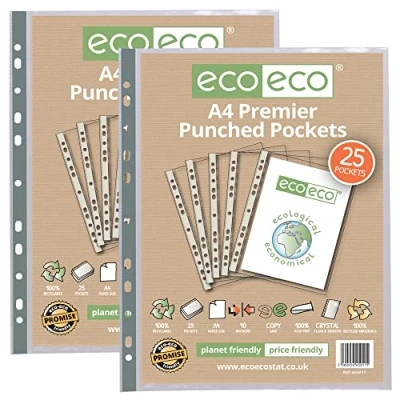 Imagen de eco eco011x2 Protector de hojas para billetera tamaño A4 100% reciclado Premier Multi perforado, transparente, 90 micras (paquete 50), transparente