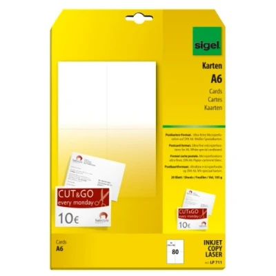 Imagen de SIGEL LP711 Tarjetas postales para PC impresión por las dos caras, A6 (A4), 185 g, 80 unds.=20 hojas
