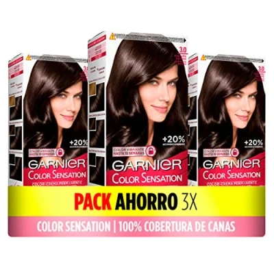 Imagen de Pack de 3 Cajas Coloración Color Sensation Garnier: Vivo y Duradero, Cobertura Completa Canas, Fácil Aplicación con Bol Pincel, Cabello Suave Sedoso, 3.0 Castaño Oscuro