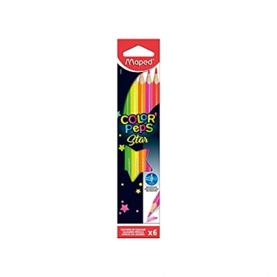 Imagen de Maped Pinturas de Madera Lápices Fluo Star 6 Colores Diseño Triangular y Acabado Caja Cartón Punta Gran Resistencia
