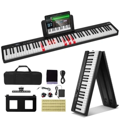 Imagen de VEVOR Teclado de Piano Plegable 88 Teclas Bluetooth y Midi Electrónico Digital Portátil con Pedal Sostenido Iluminadas Recargable para Principiantes, Adolescentes, Adultos, Negro