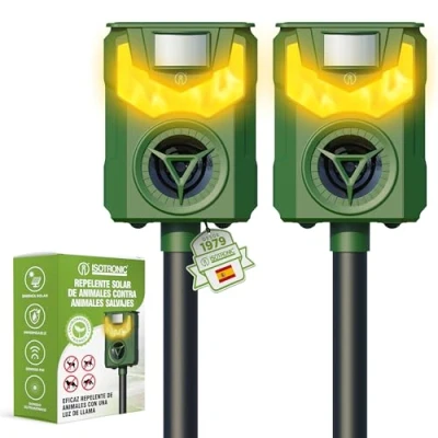 Imagen de ISOTRONIC Repelente solar de animales con frecuencia + luz llama contra salvajes como mapaches, ciervos, zorros, jabalíes, etc. eficaz (1) (2)