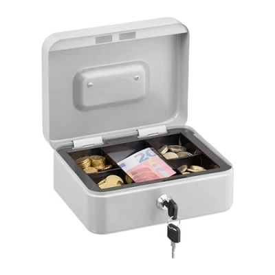 Imagen de Relaxdays Caja de Dinero, Cerradura, Bandeja Extraíble, 5 Compartimentos, Cajita Hierro, 8,5 x 20 17 cm, Blanco