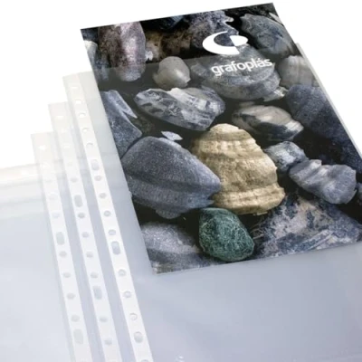Imagen de Grafoplás Caja 100 Fundas Plástico Cristal Tamaño Folio Polipropileno Calidad Estándar Lomo Reforzado 16 Taladros Perfectas como Material Escolar y de Oficina