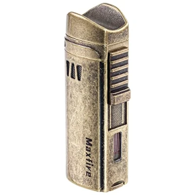 Imagen de Maxfire Encendedor de llama triple jet retro recargable butano gas, soplete con ajustable punzón y soporte (se vende sin gas)